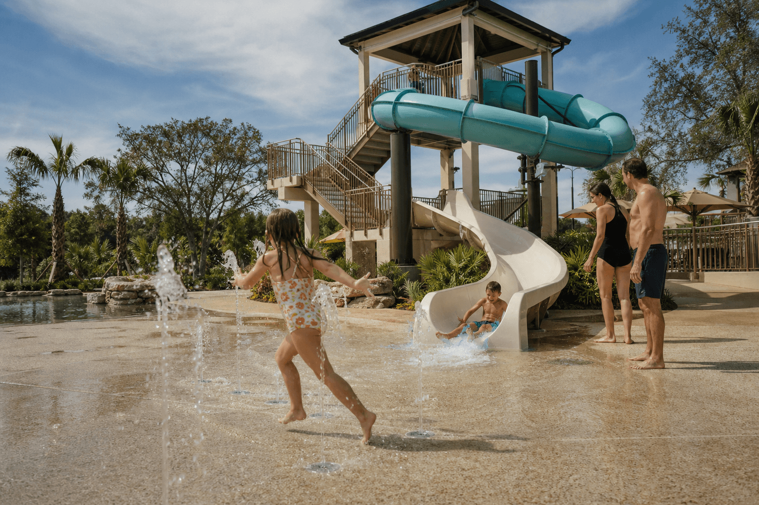 Conceptual image of water slides and a splash zone at a generic Central Florida resort