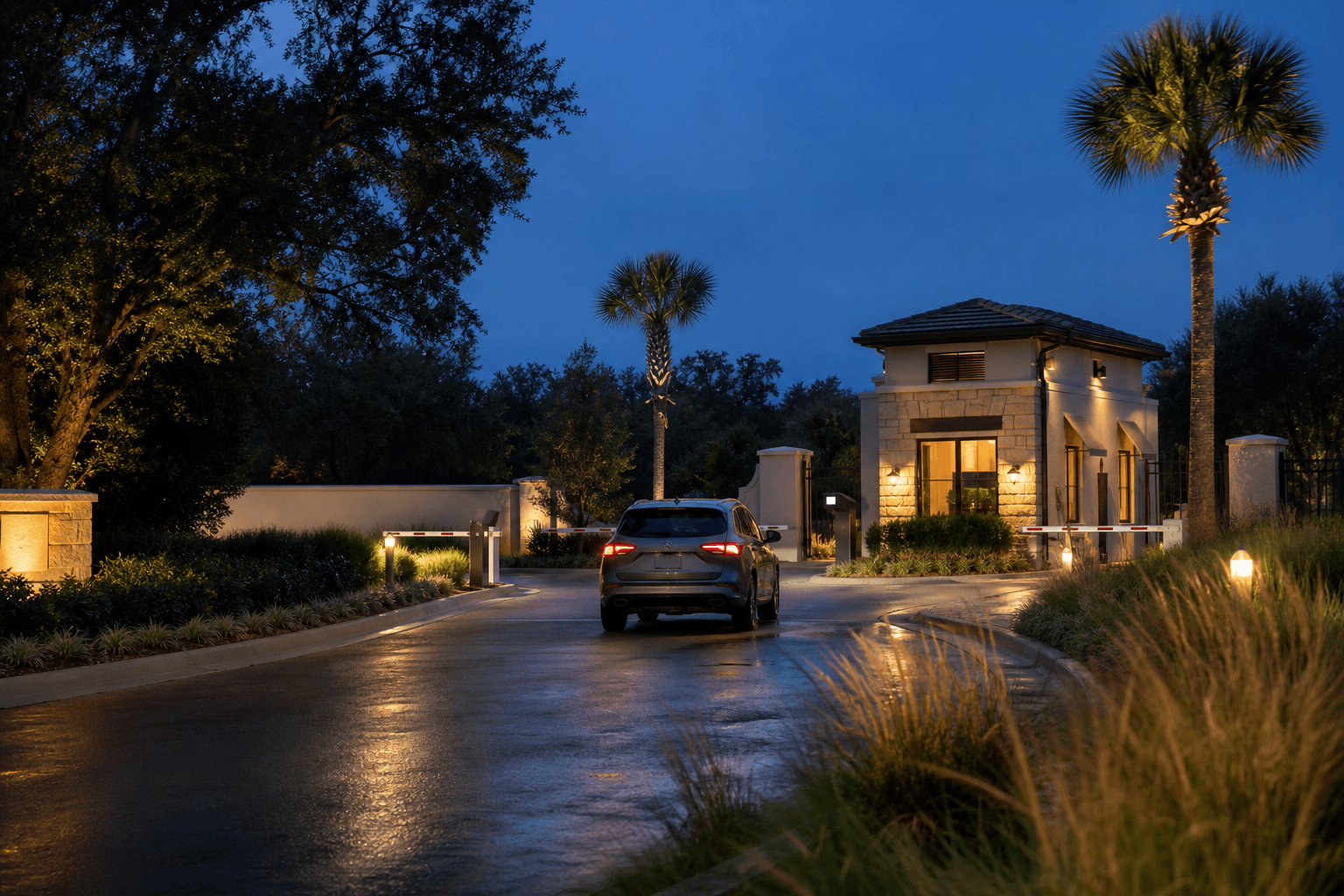 Conceptual image of a refined gated arrival to a generic Florida vacation-home community